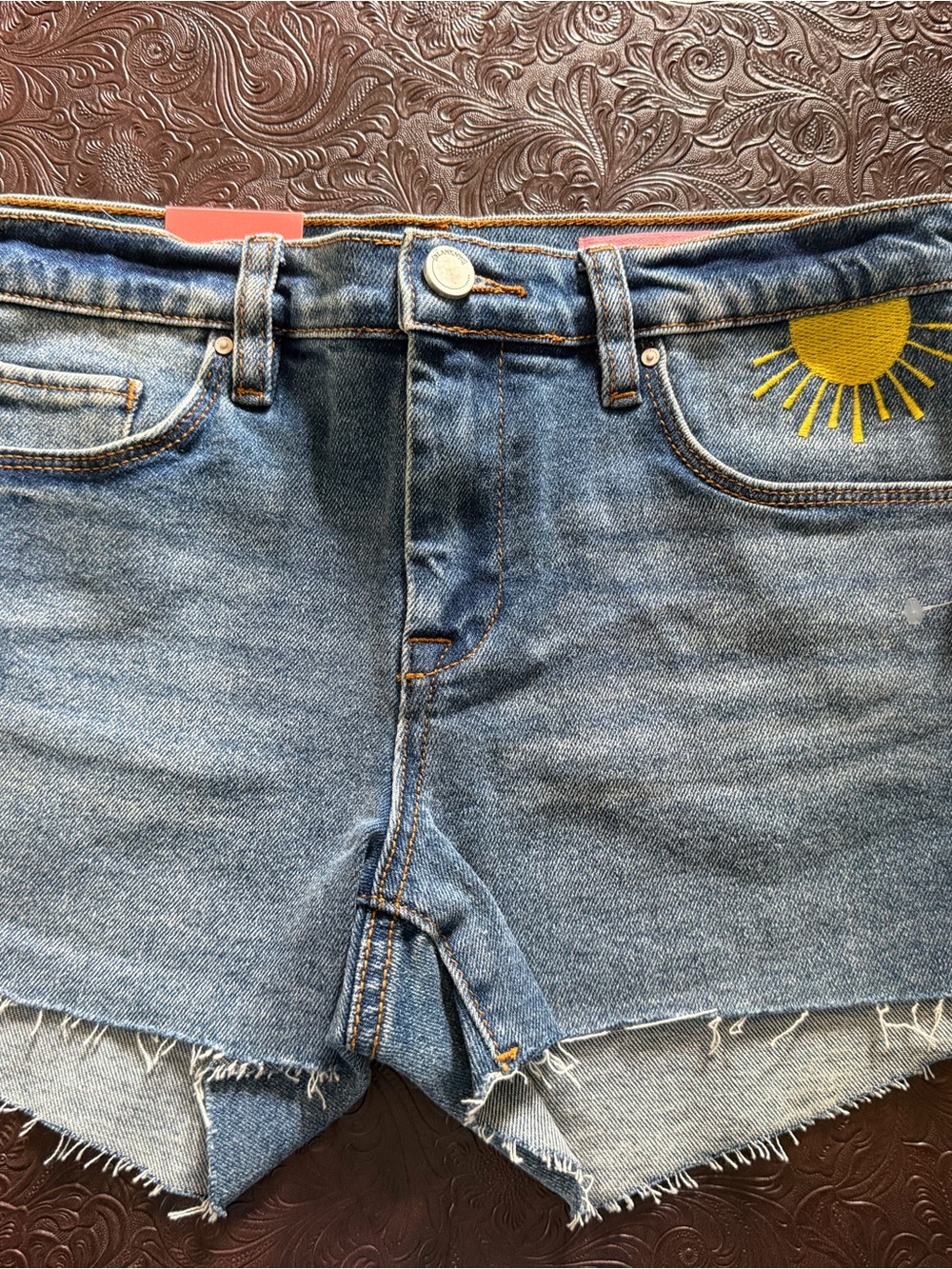 BLANKNYC Denim Cutoff Shorts with Yellow Sun Embroidery - girls size 14